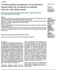 Life-threatening autoimmune warm hemolytic anemia following treatment for multiple sclerosis with alemtuzumab