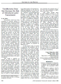 Tonsillectomy Does Not Decrease the Risk of Helicobacter pylori Transmission