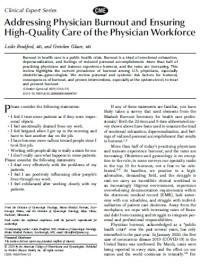 Addressing Physician Burnout and Ensuring High-Quality Care of the Physician Workforce