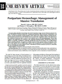 Postpartum Hemorrhage: Management of Massive Transfusion