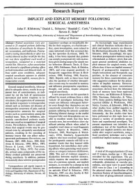 Image of Implicit and Explicit Memory Following Surgical Anesthesia
