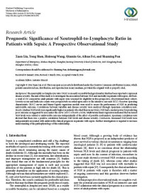 Image of Prognostic Significance of Neutrophil-to-Lymphocyte Ratio in Patients with Sepsis: A Prospective Observational Study