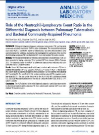 Image of Role of the Neutrophil-Lymphocyte Count Ratio in the Differential Diagnosis between Pulmonary Tuberculosis and Bacterial Community-Acquired Pneumonia