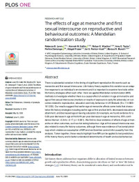 Image of The effects of age at menarche and first sexual intercourse on reproductive and behavioural outcomes: A Mendelian randomization study