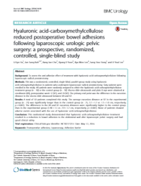Image of Hyaluronic acid-carboxymethylcellulose reduced postoperative bowel adhesions following laparoscopic urologic pelvic surgery: a prospective, randomized, controlled, single-blind study